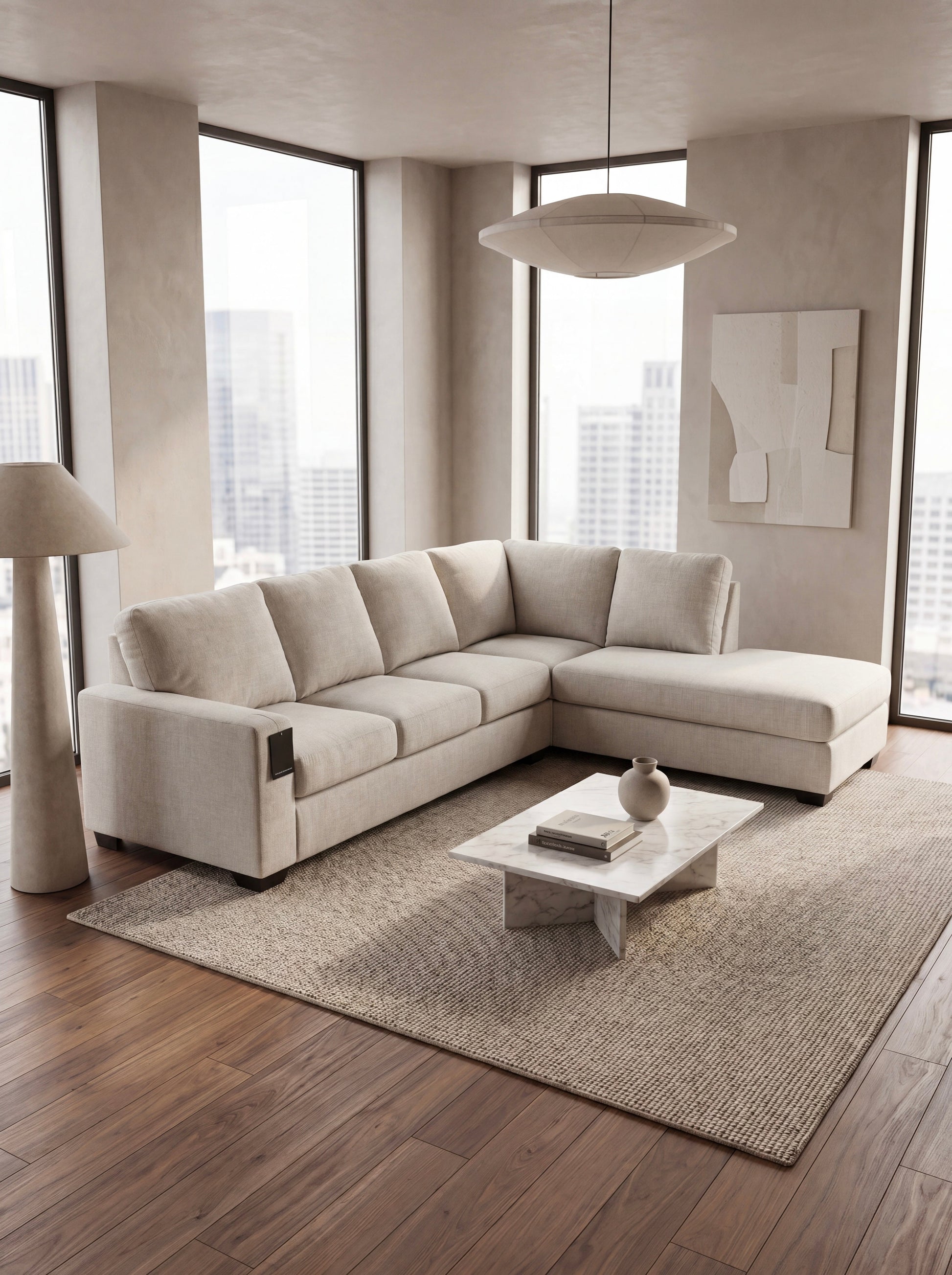 Modern living room with a beige sectional sofa, coffee table, and large windows.